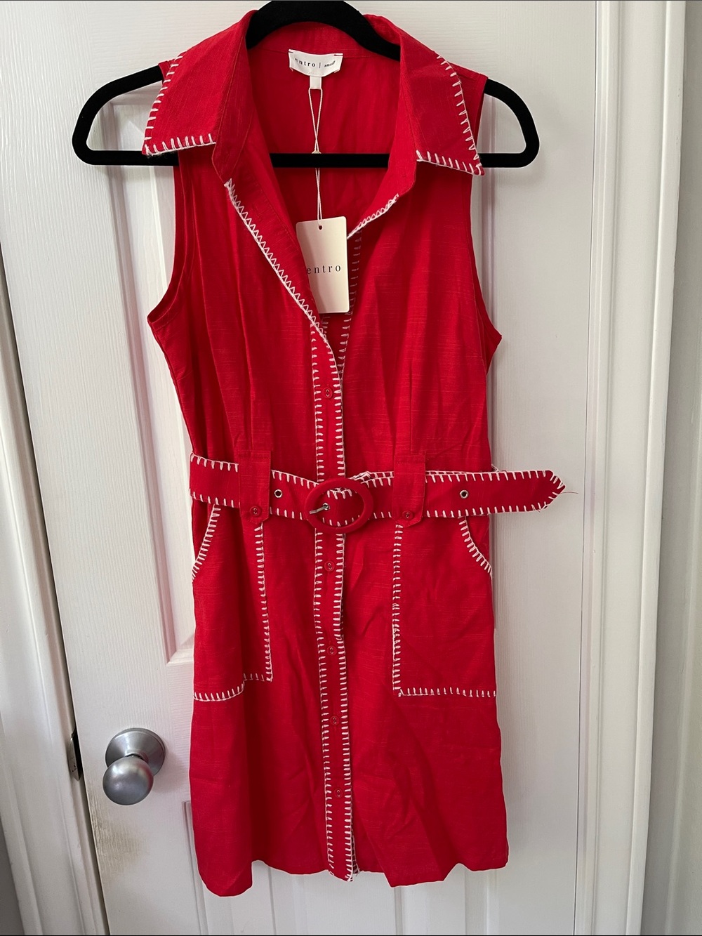 NWT Entro Red Sleeveless Belted Shirt Dress with Contrast Stitching